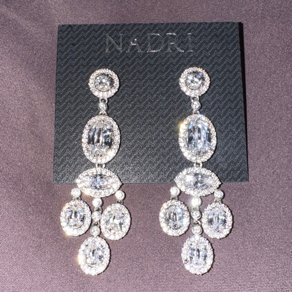 Nadri Chandelier Earrings Dangle Formal Wedding Bridal CZ Crystal Silver Tone